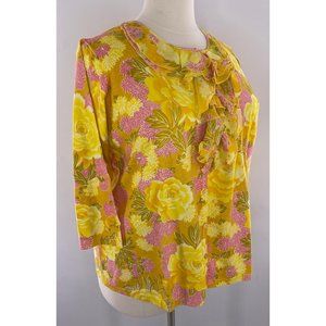 Floral Printed 3/4 Sleeve Ruffle Button Cardigan